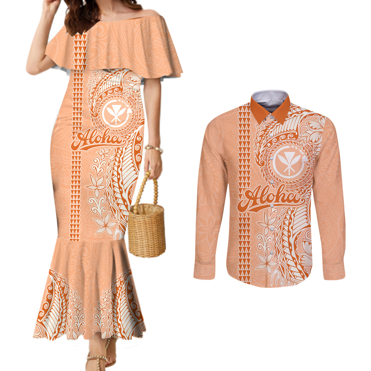 Kanaka Maoli Tropical Flowers with Kakau Tribal Couples Matching Mermaid Dress and Long Sleeve Button Shirt Peach Fuzz Color LT03 Peach Fuzz - Polynesian Pride