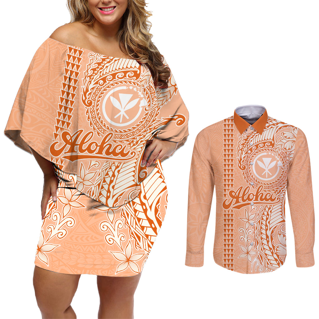 Kanaka Maoli Tropical Flowers with Kakau Tribal Couples Matching Off Shoulder Short Dress and Long Sleeve Button Shirt Peach Fuzz Color LT03 Peach Fuzz - Polynesian Pride