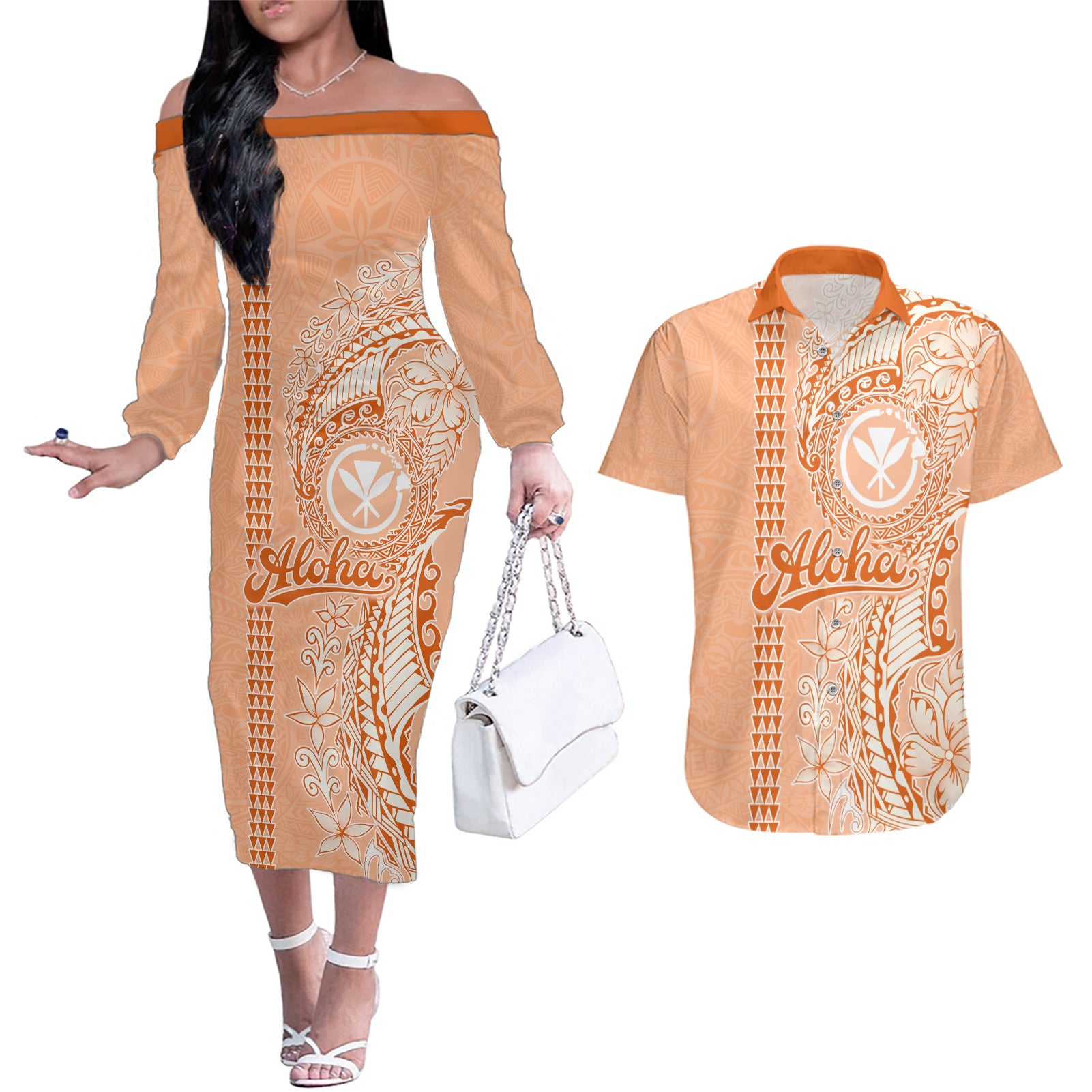 Kanaka Maoli Tropical Flowers with Kakau Tribal Couples Matching Off The Shoulder Long Sleeve Dress and Hawaiian Shirt Peach Fuzz Color LT03 Peach Fuzz - Polynesian Pride