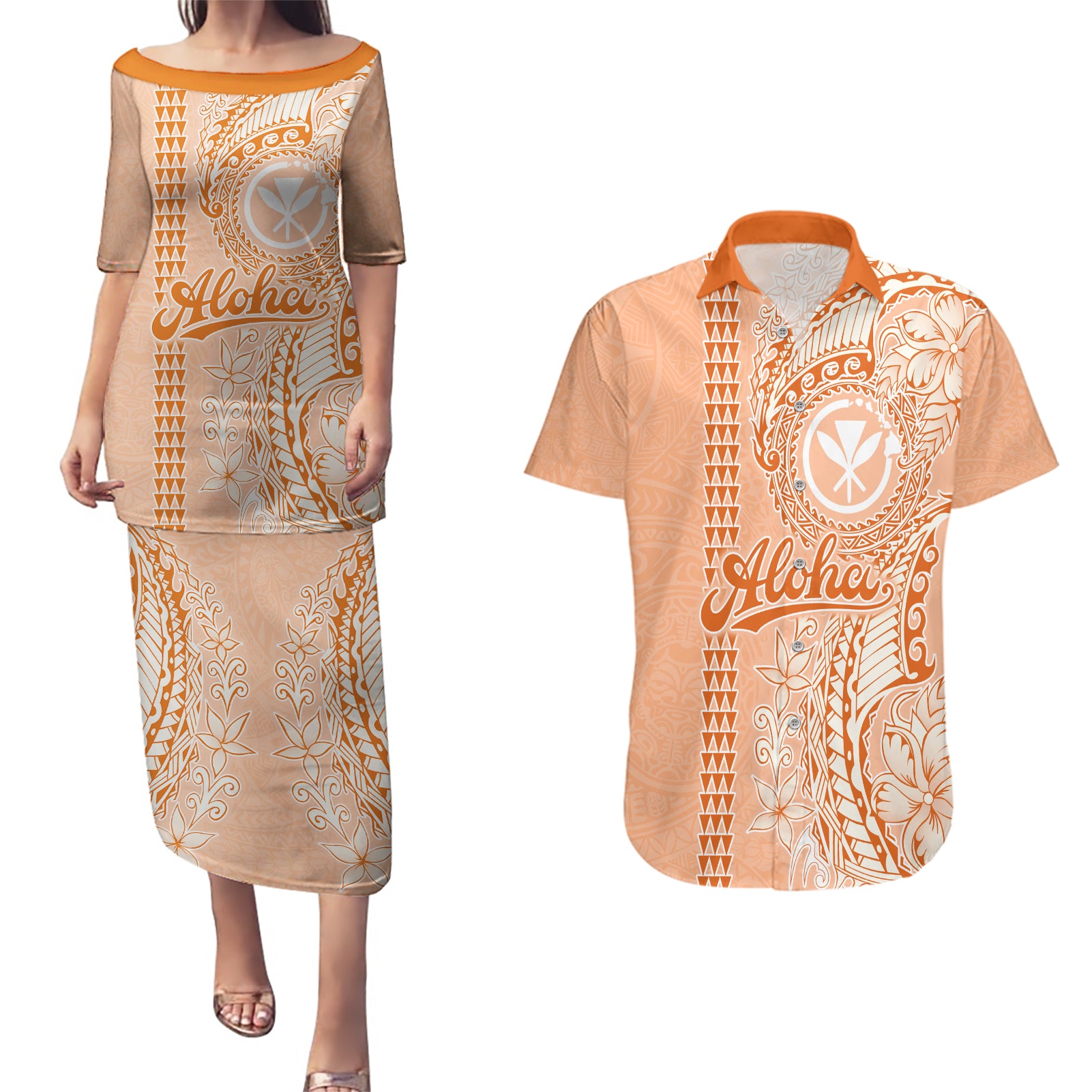 Kanaka Maoli Tropical Flowers with Kakau Tribal Couples Matching Puletasi Dress and Hawaiian Shirt Peach Fuzz Color LT03 Peach Fuzz - Polynesian Pride