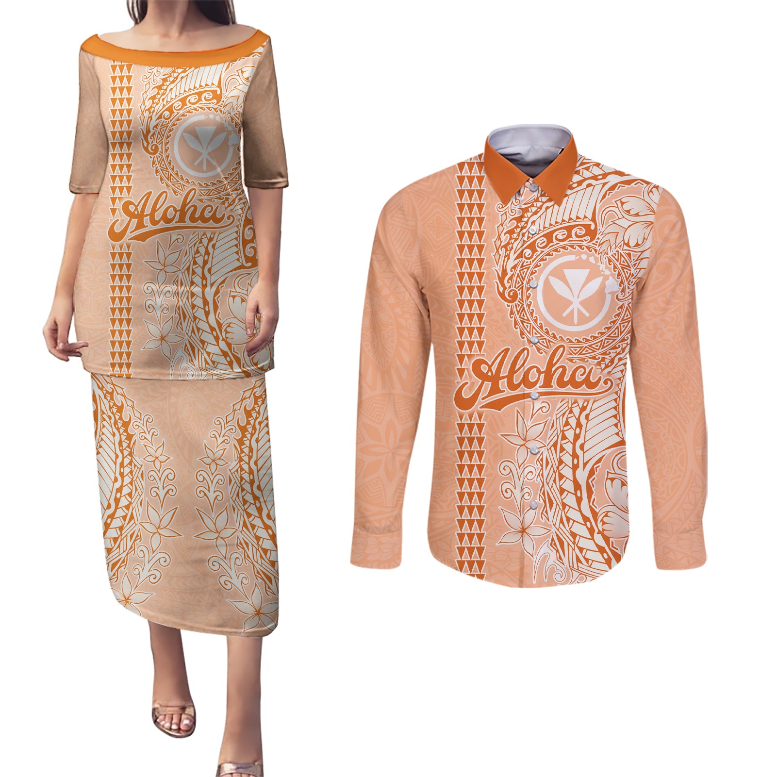 Kanaka Maoli Tropical Flowers with Kakau Tribal Couples Matching Puletasi Dress and Long Sleeve Button Shirt Peach Fuzz Color LT03 Peach Fuzz - Polynesian Pride