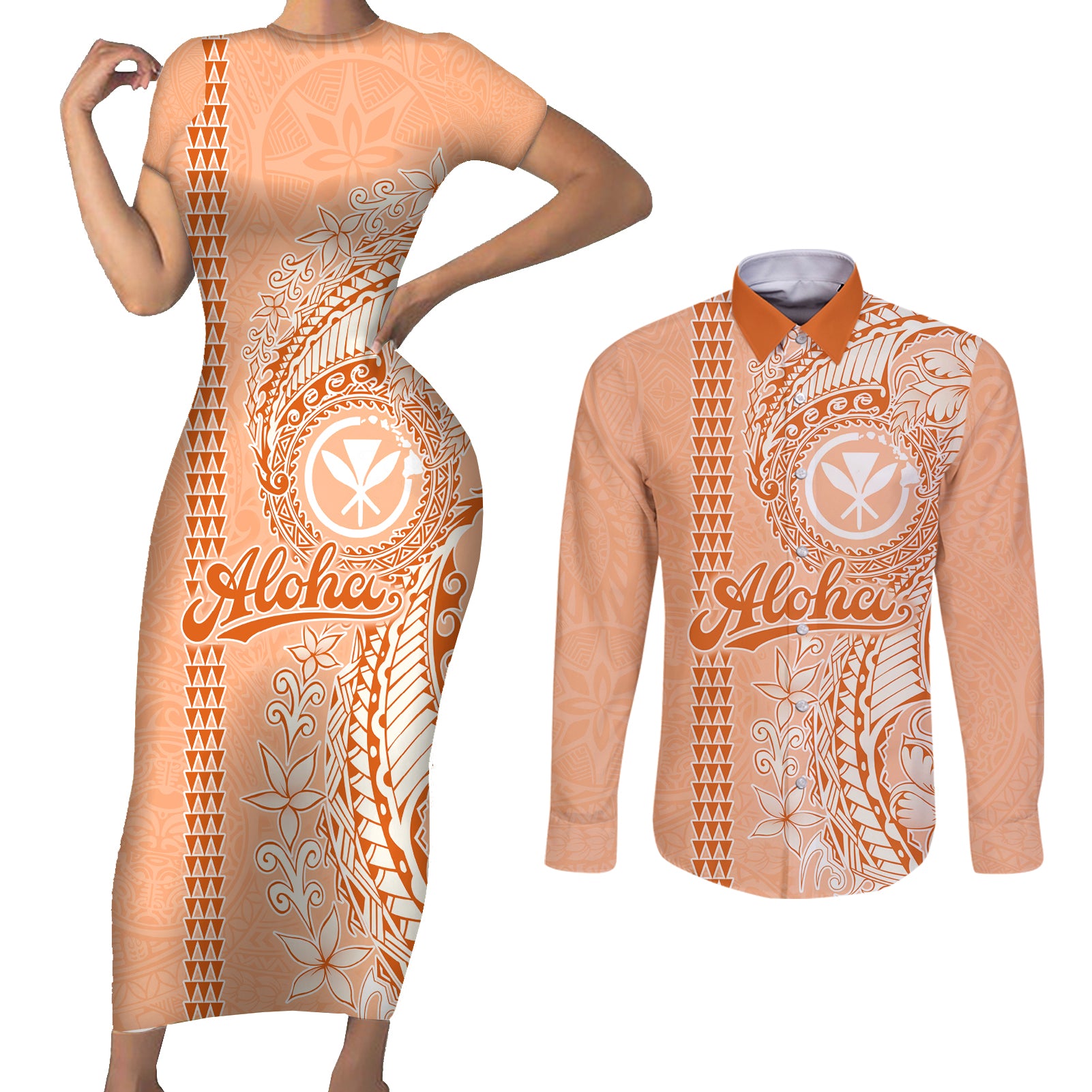 Kanaka Maoli Tropical Flowers with Kakau Tribal Couples Matching Short Sleeve Bodycon Dress and Long Sleeve Button Shirt Peach Fuzz Color LT03 Peach Fuzz - Polynesian Pride