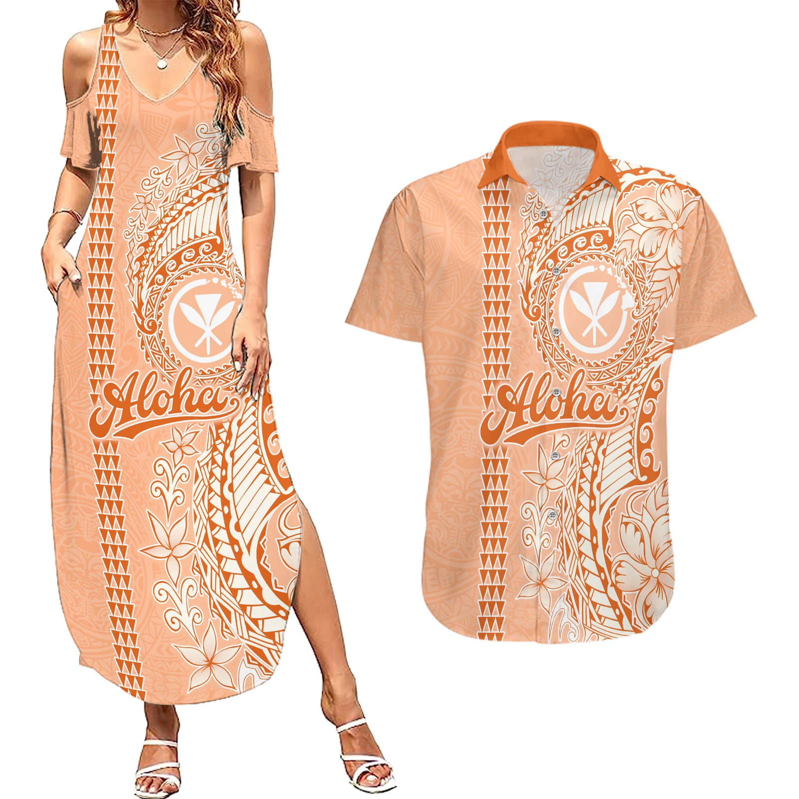 Kanaka Maoli Tropical Flowers with Kakau Tribal Couples Matching Summer Maxi Dress and Hawaiian Shirt Peach Fuzz Color LT03 Peach Fuzz - Polynesian Pride