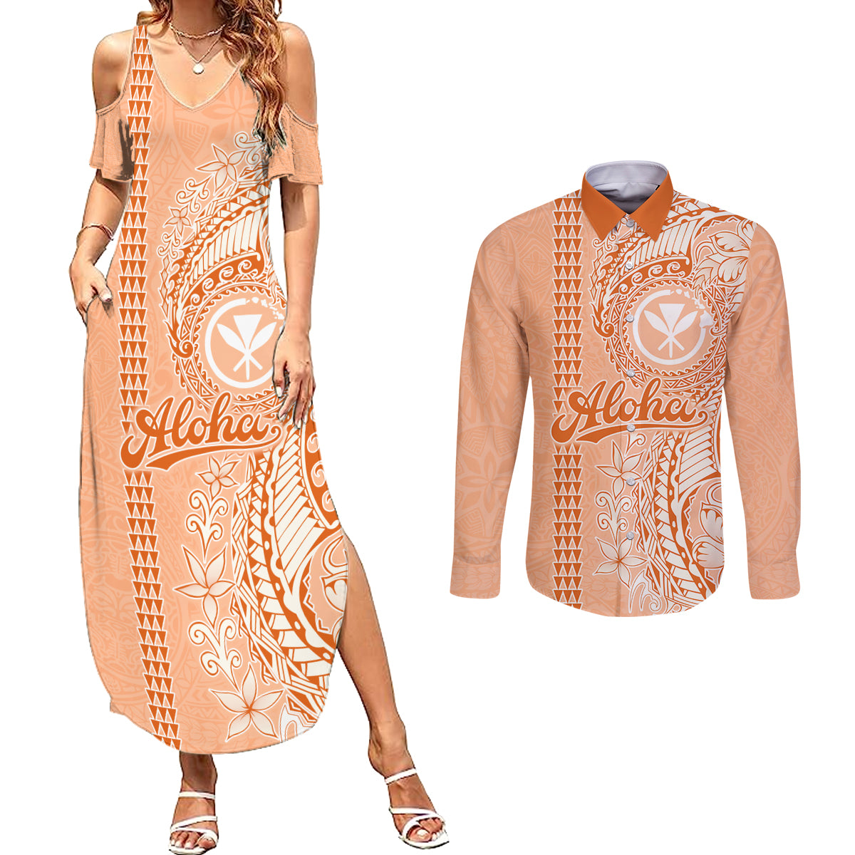 Kanaka Maoli Tropical Flowers with Kakau Tribal Couples Matching Summer Maxi Dress and Long Sleeve Button Shirt Peach Fuzz Color LT03 Peach Fuzz - Polynesian Pride