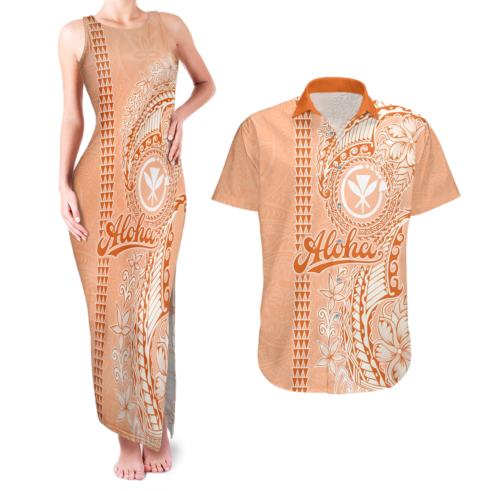 Kanaka Maoli Tropical Flowers with Kakau Tribal Couples Matching Tank Maxi Dress and Hawaiian Shirt Peach Fuzz Color LT03 Peach Fuzz - Polynesian Pride