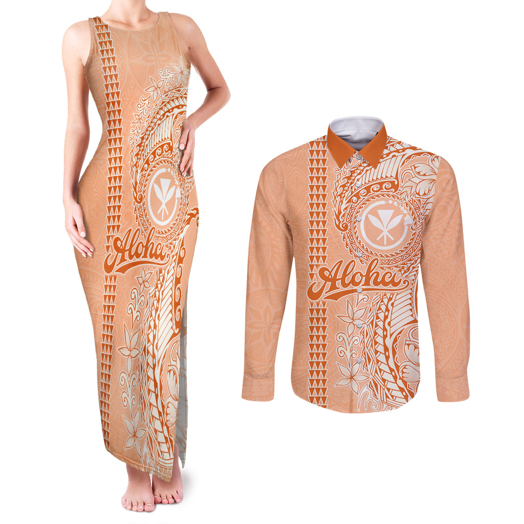 Kanaka Maoli Tropical Flowers with Kakau Tribal Couples Matching Tank Maxi Dress and Long Sleeve Button Shirt Peach Fuzz Color LT03 Peach Fuzz - Polynesian Pride