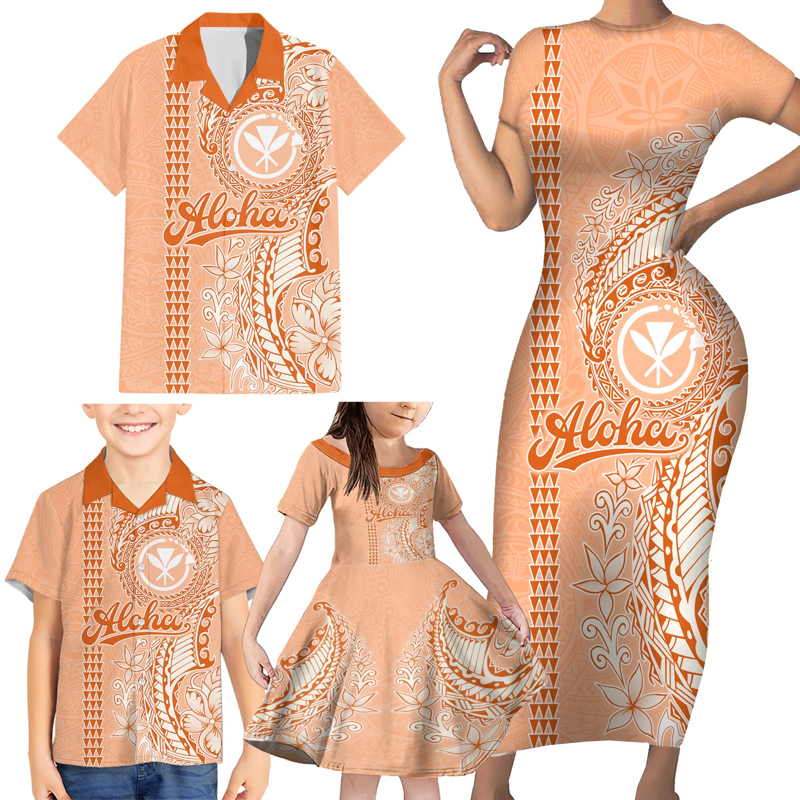 Kanaka Maoli Tropical Flowers with Kakau Tribal Family Matching Short Sleeve Bodycon Dress and Hawaiian Shirt Peach Fuzz Color LT03 - Polynesian Pride