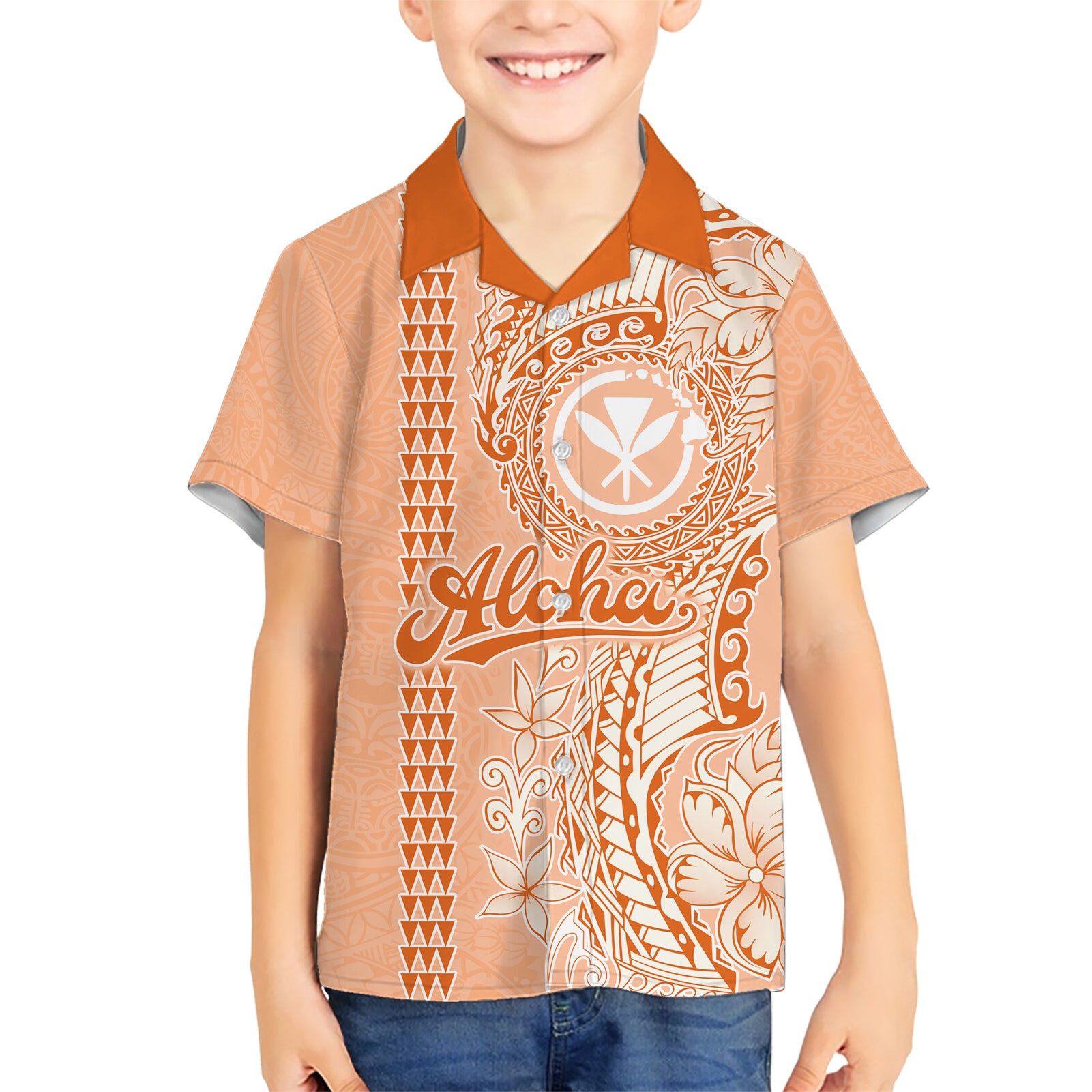 Kanaka Maoli Tropical Flowers with Kakau Tribal Kid Hawaiian Shirt Peach Fuzz Color LT03 Kid Peach Fuzz - Polynesian Pride