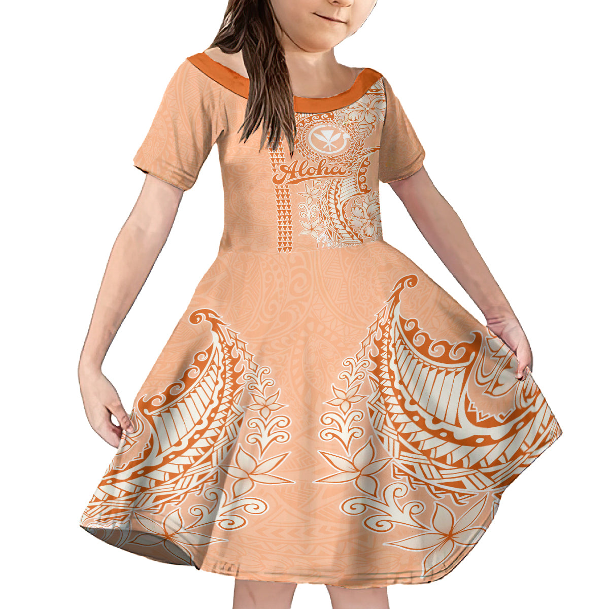 Kanaka Maoli Tropical Flowers with Kakau Tribal Kid Short Sleeve Dress Peach Fuzz Color LT03 KID Peach Fuzz - Polynesian Pride