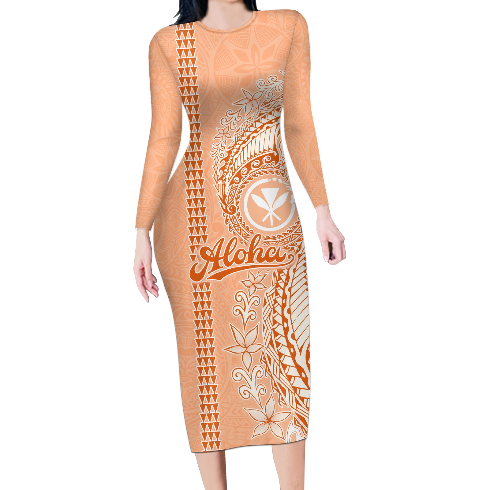 Kanaka Maoli Tropical Flowers with Kakau Tribal Long Sleeve Bodycon Dress Peach Fuzz Color LT03 Long Dress Peach Fuzz - Polynesian Pride