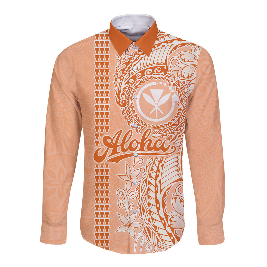 Kanaka Maoli Tropical Flowers with Kakau Tribal Long Sleeve Button Shirt Peach Fuzz Color LT03 Unisex Peach Fuzz - Polynesian Pride