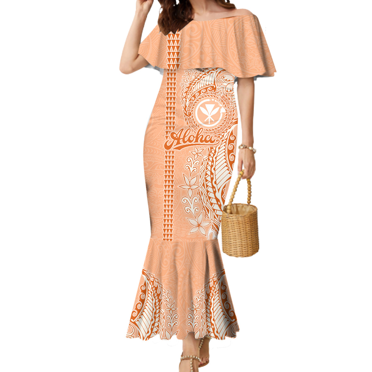 Kanaka Maoli Tropical Flowers with Kakau Tribal Mermaid Dress Peach Fuzz Color LT03 Women Peach Fuzz - Polynesian Pride