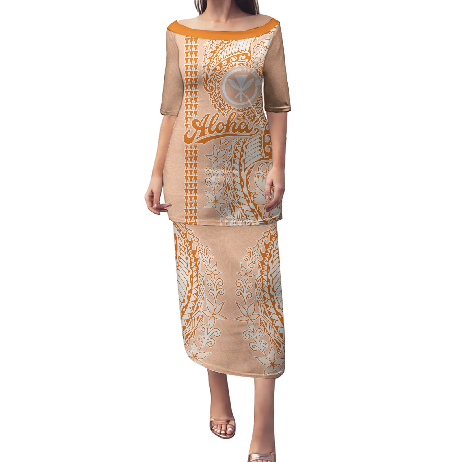 Kanaka Maoli Tropical Flowers with Kakau Tribal Puletasi Peach Fuzz Color LT03 Long Dress Peach Fuzz - Polynesian Pride