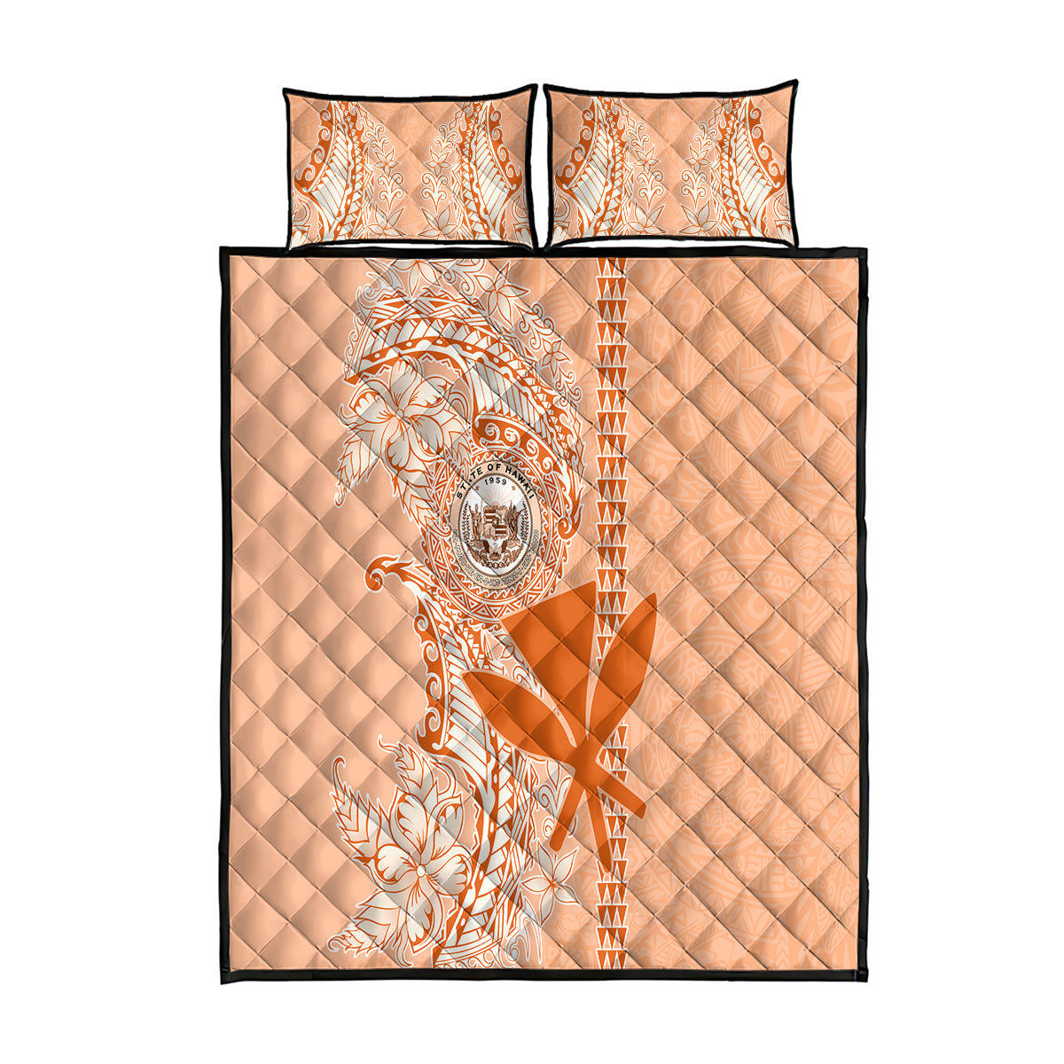 Kanaka Maoli Tropical Flowers with Kakau Tribal Quilt Bed Set Peach Fuzz Color LT03 Peach Fuzz - Polynesian Pride