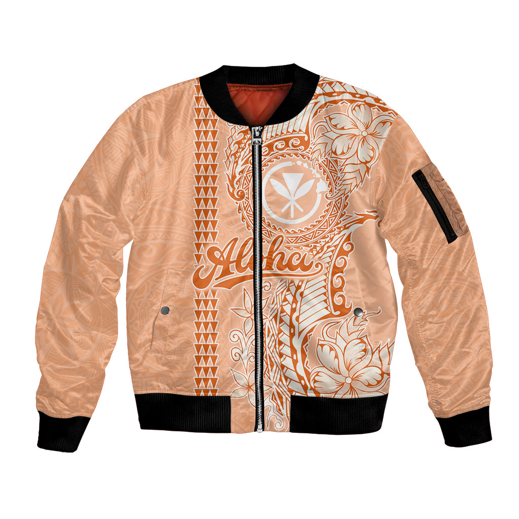 Kanaka Maoli Tropical Flowers with Kakau Tribal Sleeve Zip Bomber Jacket Peach Fuzz Color LT03 Unisex Peach Fuzz - Polynesian Pride