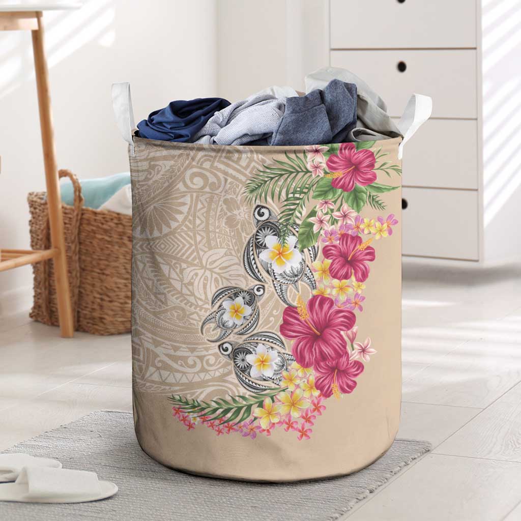 Hawaiian Tropical Flowers and Tribal Turtles Laundry Basket Polynesian Art Motifs Beige Color LT03 Beige - Polynesian Pride