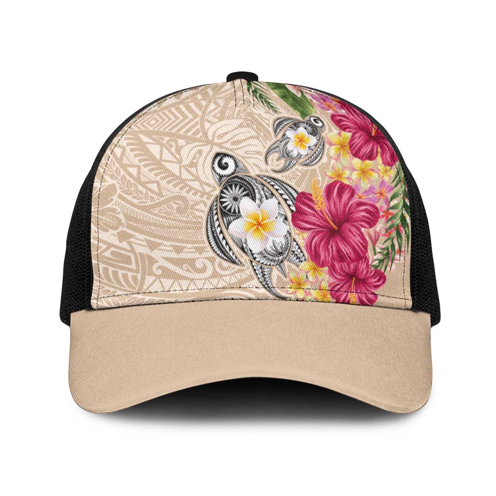 Hawaiian Tropical Flowers and Tribal Turtles Baseball Net Cap Polynesian Art Motifs Beige Color LT03 One Size Black Beige - Polynesian Pride