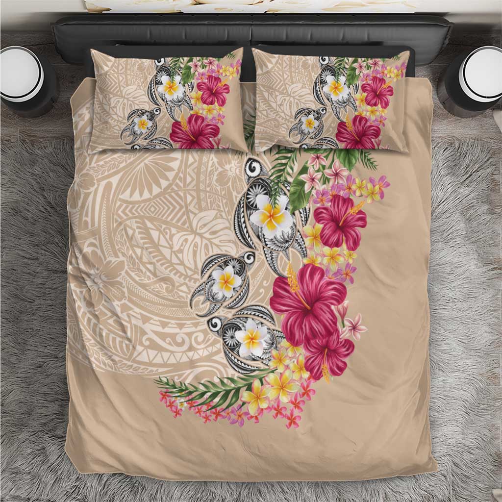 Hawaiian Tropical Flowers and Tribal Turtles Bedding Set Polynesian Art Motifs Beige Color LT03 Beige - Polynesian Pride