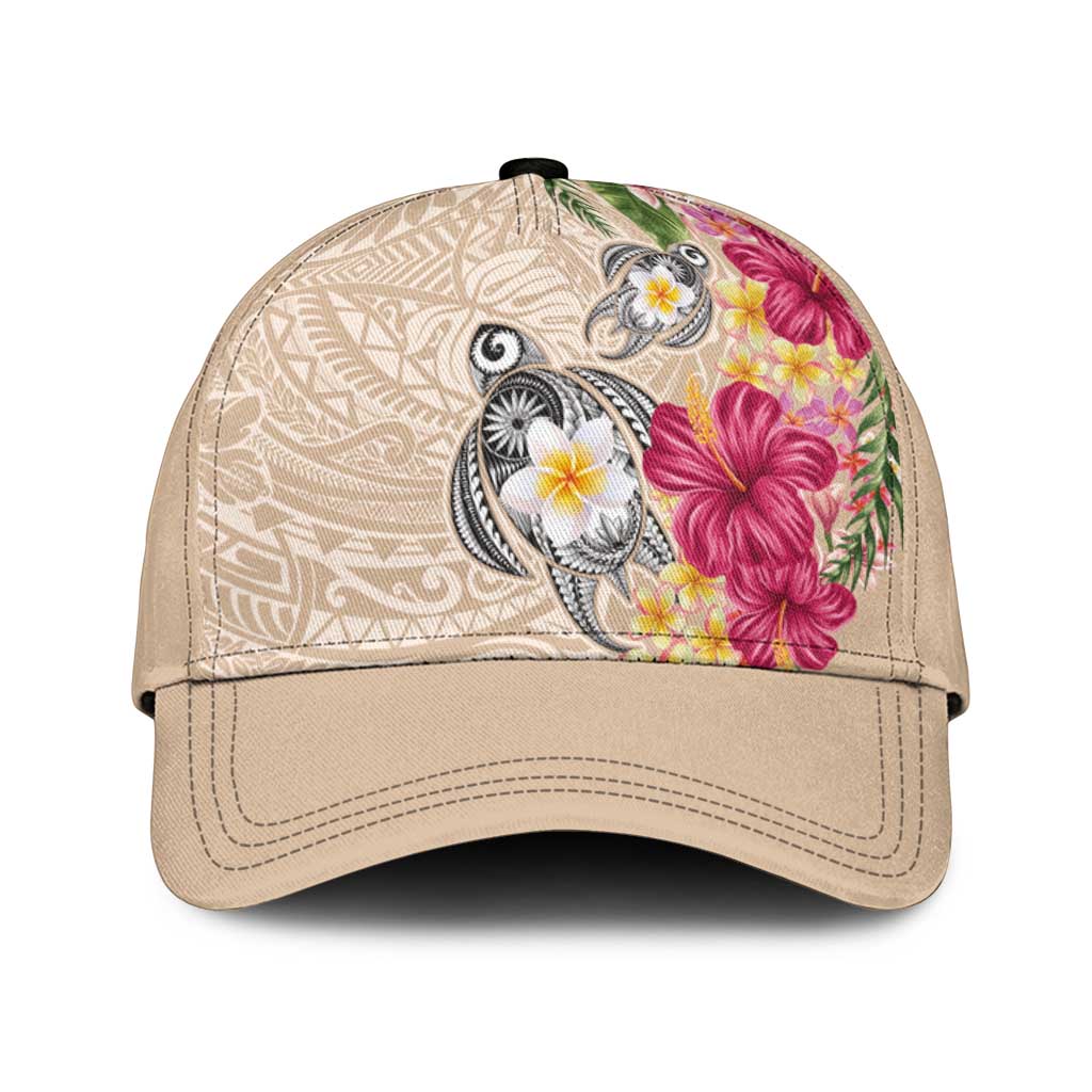 Hawaiian Tropical Flowers and Tribal Turtles Classic Cap Polynesian Art Motifs Beige Color LT03 Universal Fit Beige - Polynesian Pride