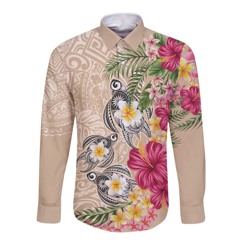 Hawaiian Tropical Flowers and Tribal Turtles Long Sleeve Button Shirt Polynesian Art Motifs Beige Color LT03 Unisex Beige - Polynesian Pride