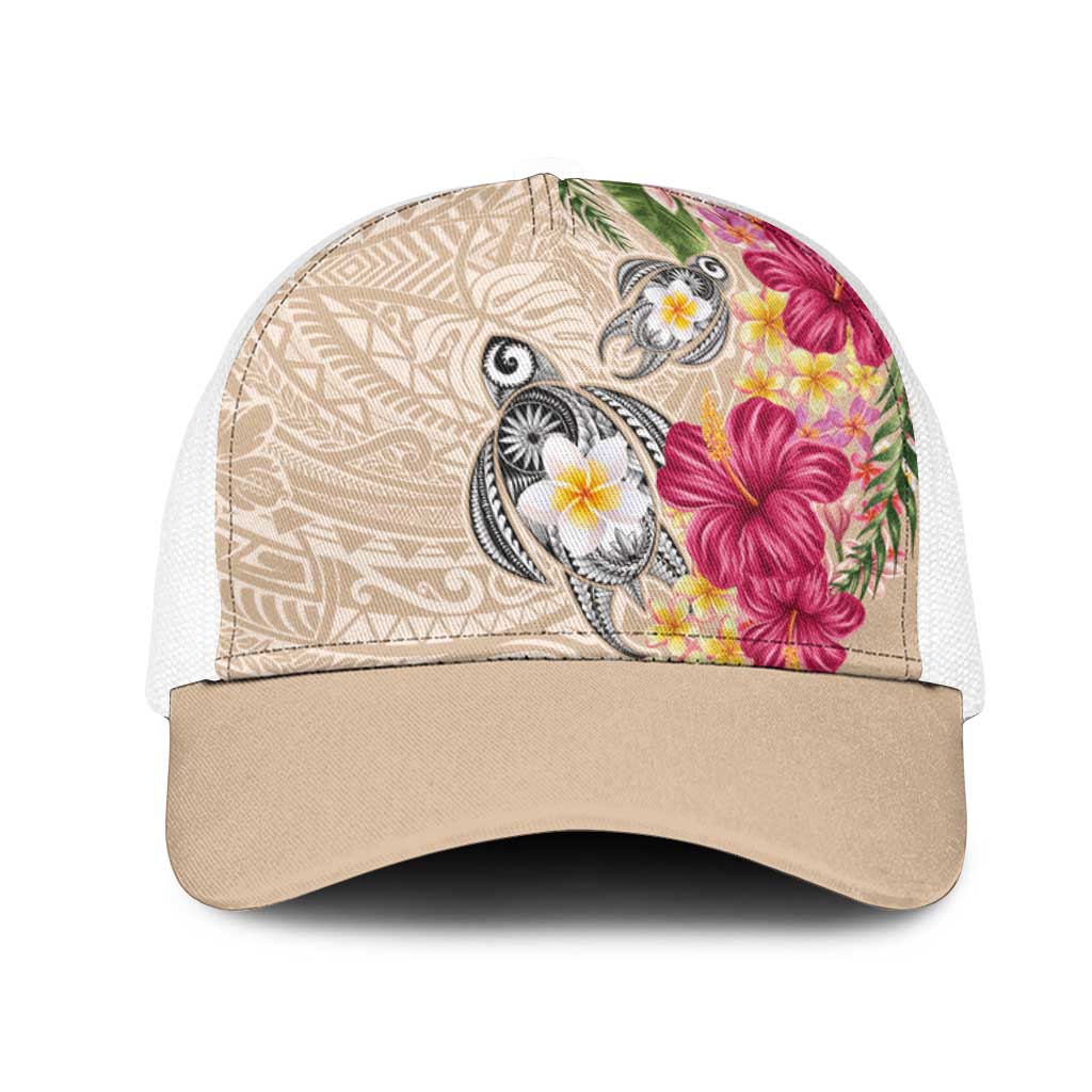 Hawaiian Tropical Flowers and Tribal Turtles Mesh Trucker Cap Polynesian Art Motifs Beige Color LT03 One Size White Beige - Polynesian Pride