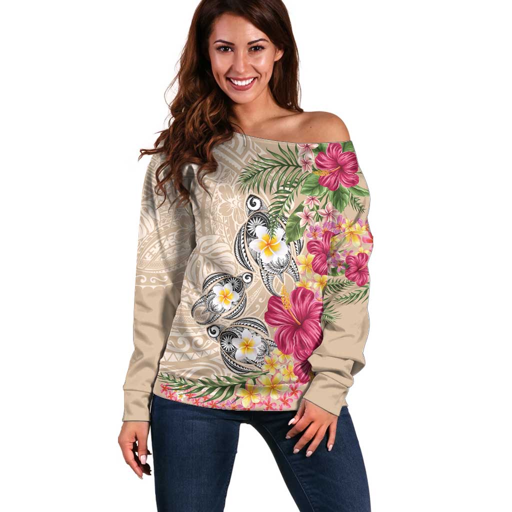 Hawaiian Tropical Flowers and Tribal Turtles Off Shoulder Sweater Polynesian Art Motifs Beige Color LT03 Women Beige - Polynesian Pride