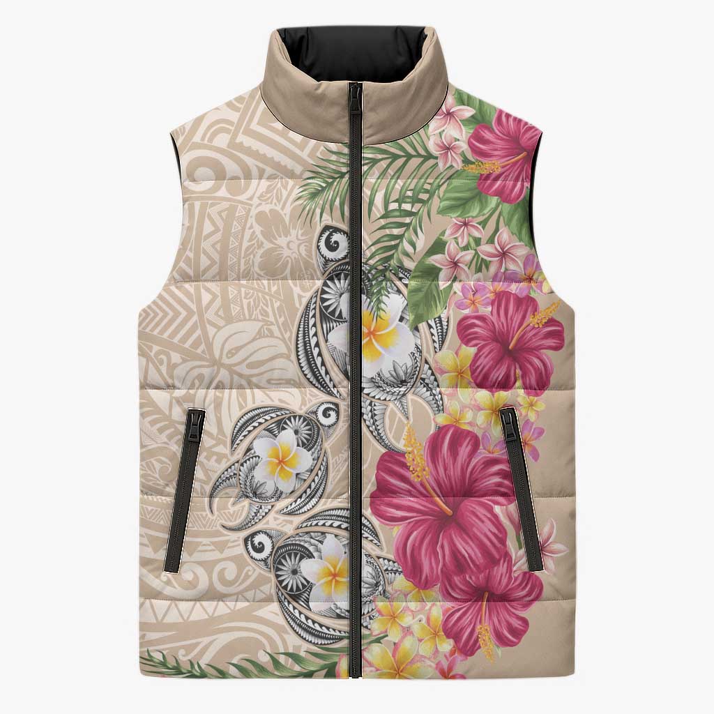 Hawaiian Tropical Flowers and Tribal Turtles Sleeveless Puffer Jacket Polynesian Art Motifs Beige Color LT03 Unisex Beige - Polynesian Pride