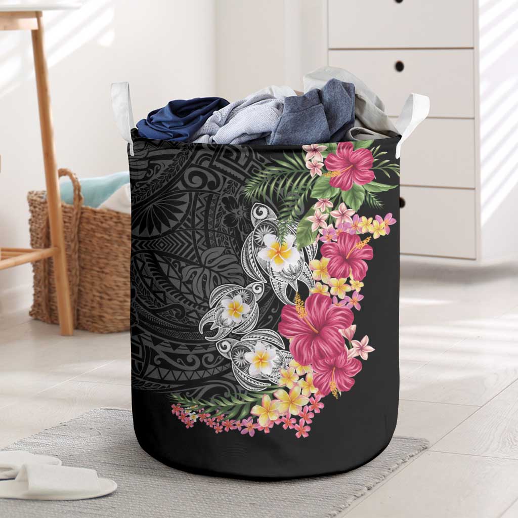 Hawaiian Tropical Flowers and Tribal Turtles Laundry Basket Polynesian Art Motifs Black Color LT03 Black - Polynesian Pride