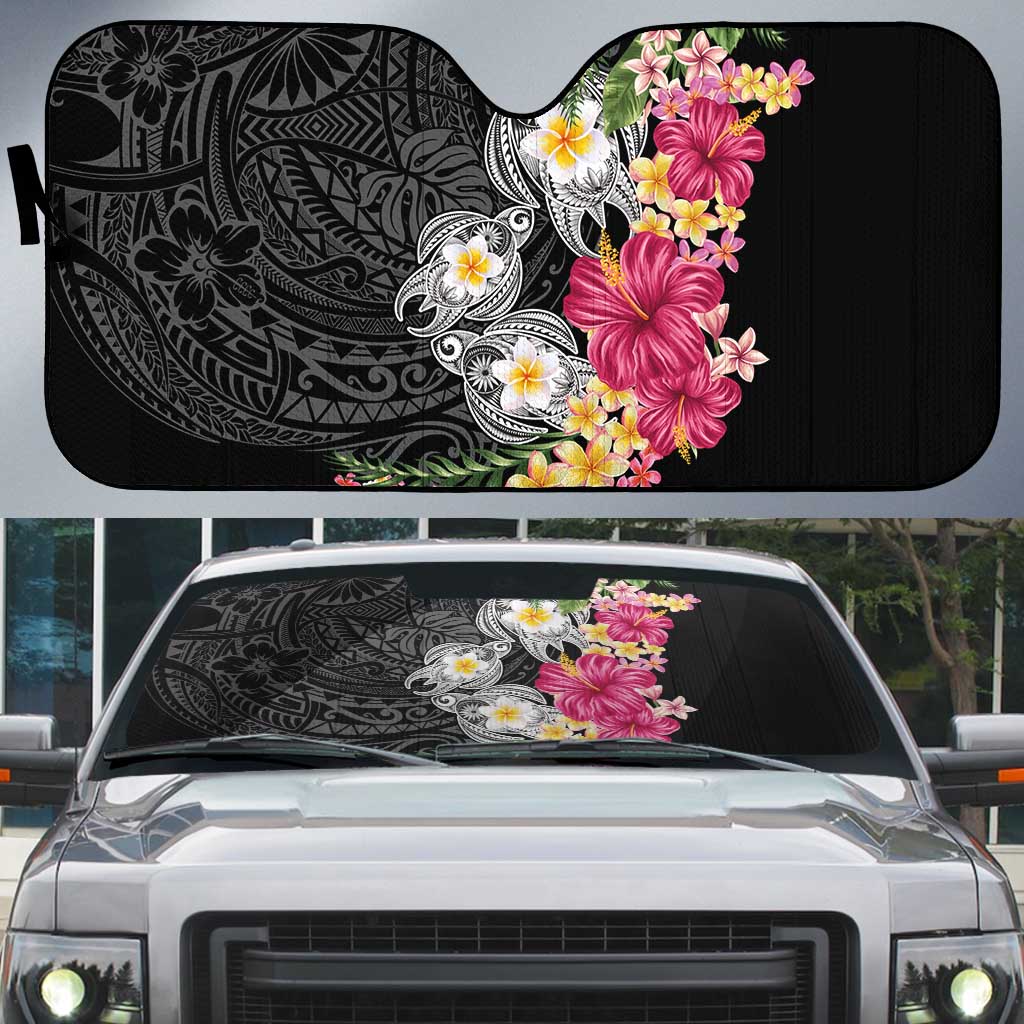 Hawaiian Tropical Flowers and Tribal Turtles Auto Sun Shade Polynesian Art Motifs Black Color LT03 Black - Polynesian Pride