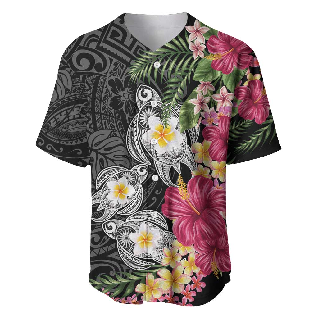 Hawaiian Tropical Flowers and Tribal Turtles Baseball Jersey Polynesian Art Motifs Black Color LT03 Black - Polynesian Pride
