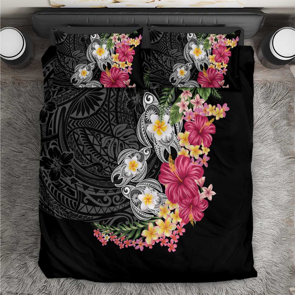 Hawaiian Tropical Flowers and Tribal Turtles Bedding Set Polynesian Art Motifs Black Color LT03 Black - Polynesian Pride