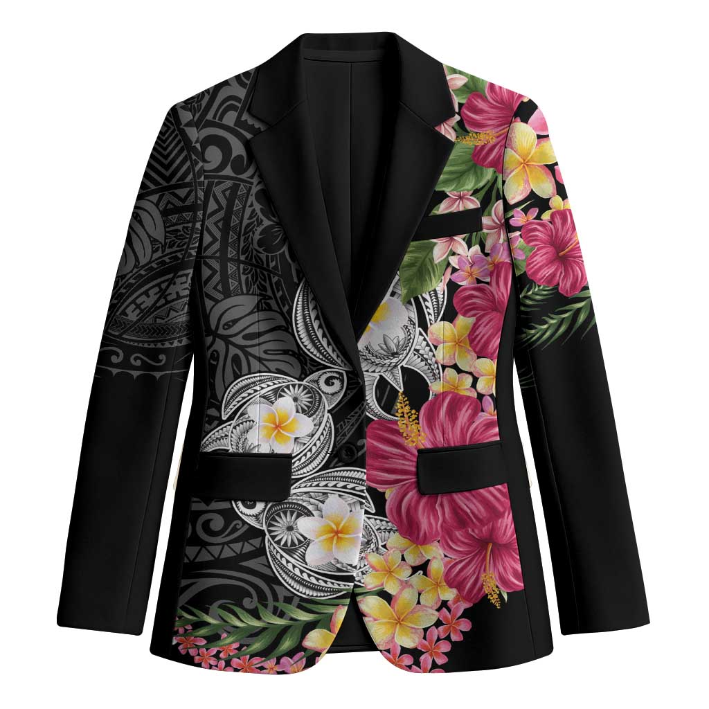Hawaiian Tropical Flowers and Tribal Turtles Blazer Polynesian Art Motifs Black Color LT03 Unisex Black - Polynesian Pride