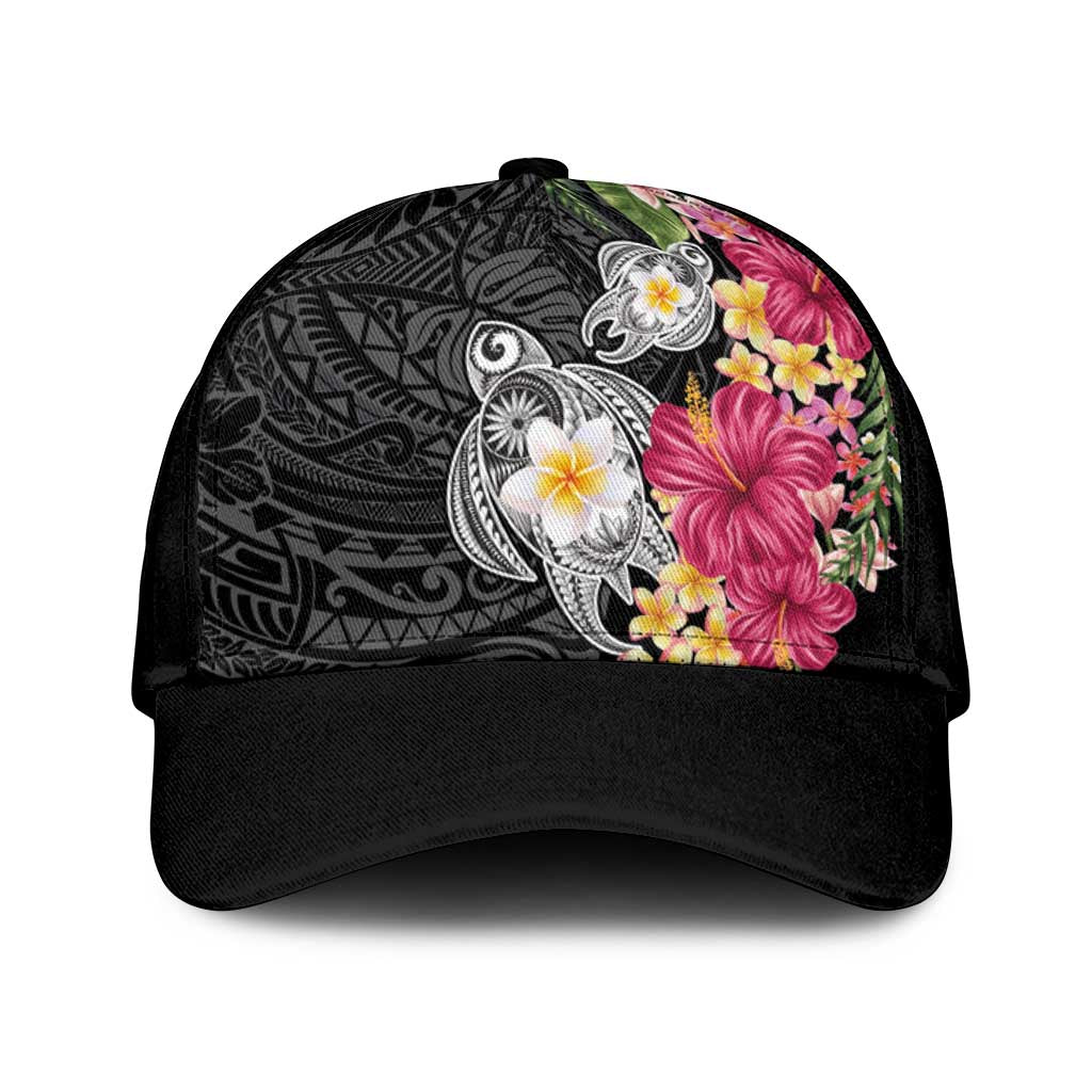 Hawaiian Tropical Flowers and Tribal Turtles Classic Cap Polynesian Art Motifs Black Color LT03 Universal Fit Black - Polynesian Pride