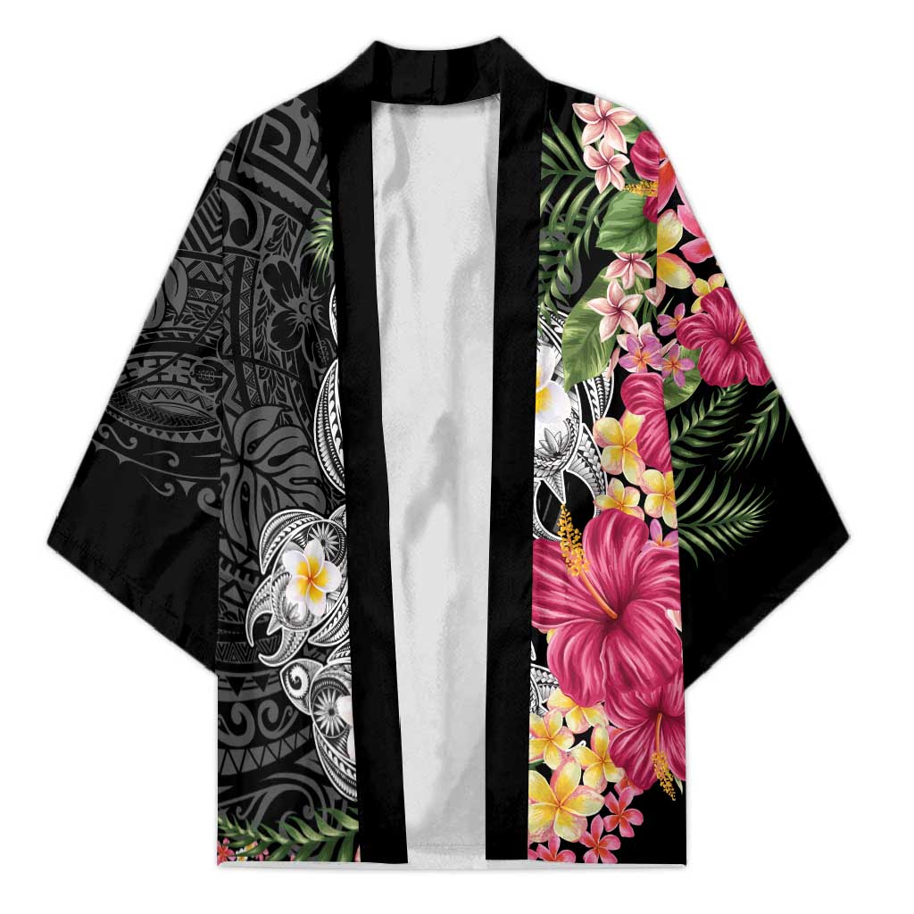 Hawaiian Tropical Flowers and Tribal Turtles Kimono Polynesian Art Motifs Black Color LT03 Unisex Black - Polynesian Pride