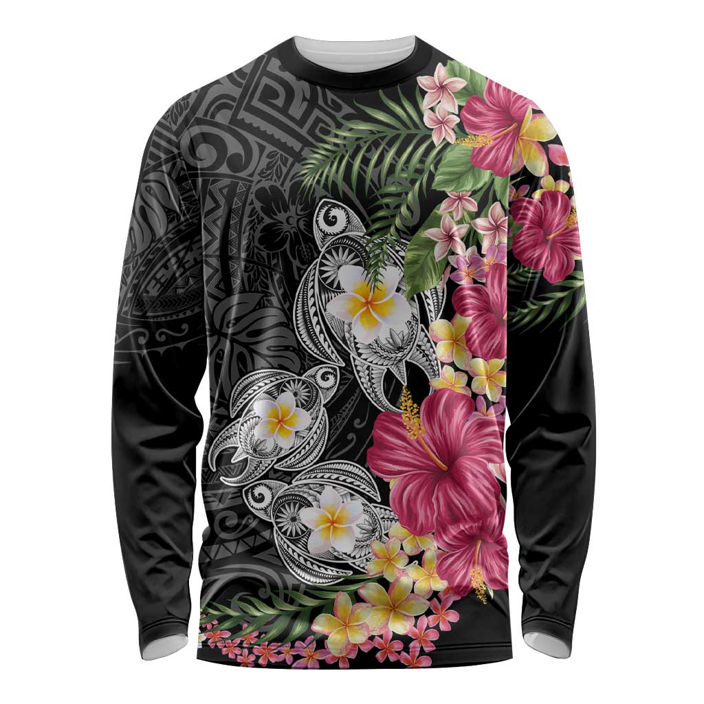 Hawaiian Tropical Flowers and Tribal Turtles Long Sleeve Shirt Polynesian Art Motifs Black Color LT03 Unisex Black - Polynesian Pride