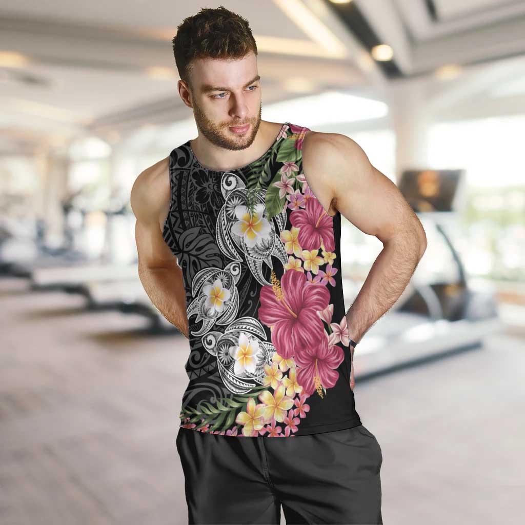 Hawaiian Tropical Flowers and Tribal Turtles Men Tank Top Polynesian Art Motifs Black Color LT03 Black - Polynesian Pride