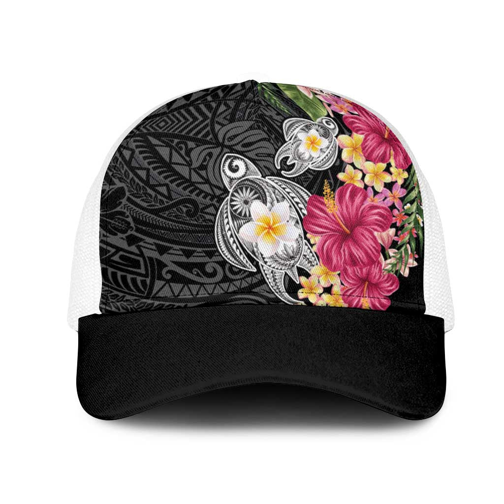 Hawaiian Tropical Flowers and Tribal Turtles Mesh Trucker Cap Polynesian Art Motifs Black Color LT03 One Size White Black - Polynesian Pride