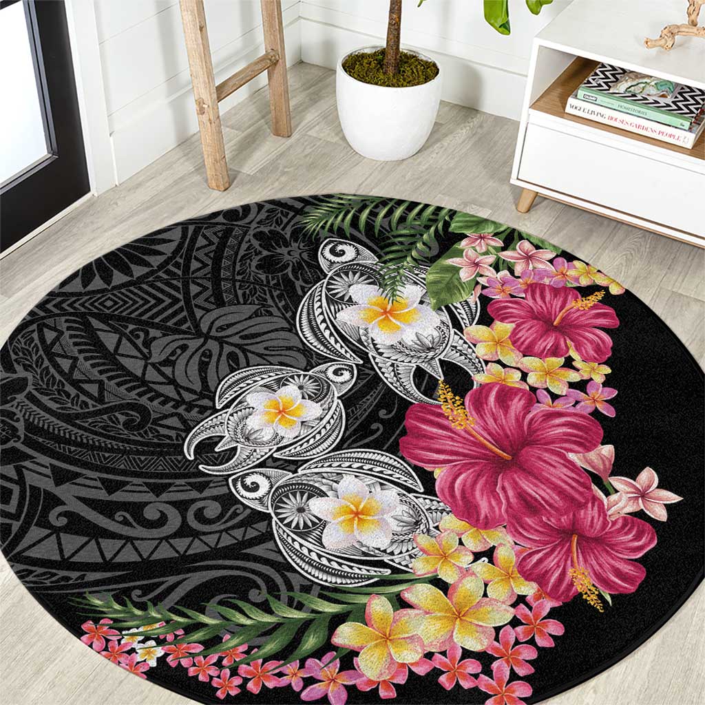 Hawaiian Tropical Flowers and Tribal Turtles Round Carpet Polynesian Art Motifs Black Color LT03 Black - Polynesian Pride