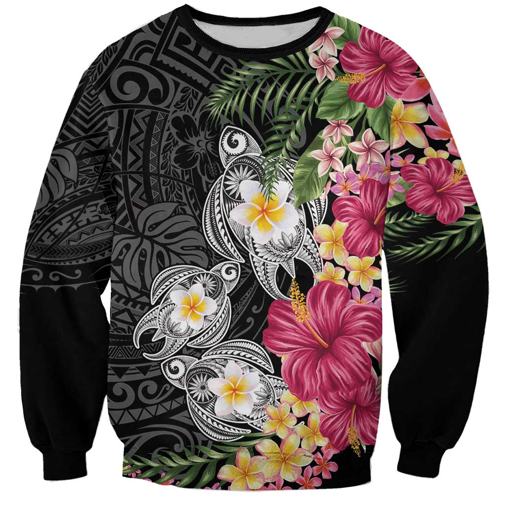 Hawaiian Tropical Flowers and Tribal Turtles Sweatshirt Polynesian Art Motifs Black Color LT03 Unisex Black - Polynesian Pride