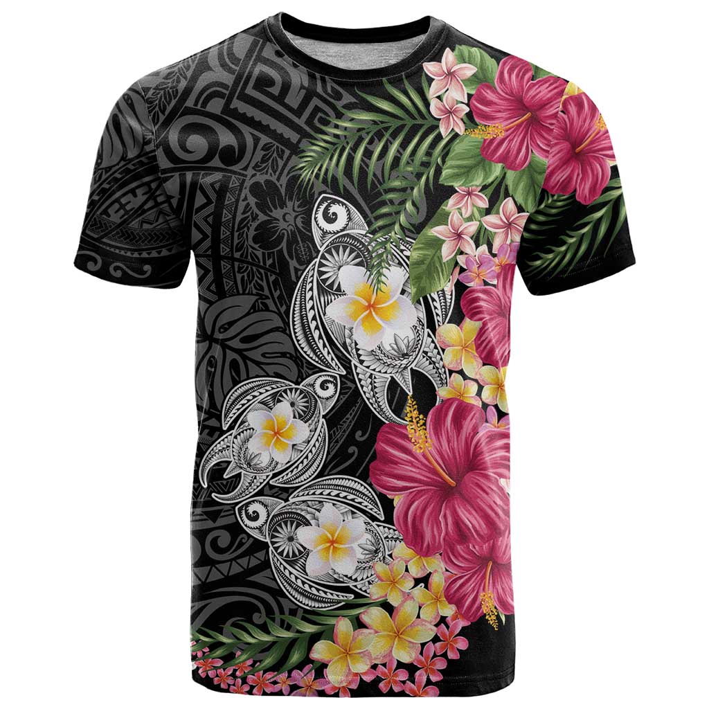 Hawaiian Tropical Flowers and Tribal Turtles T Shirt Polynesian Art Motifs Black Color LT03 Black - Polynesian Pride