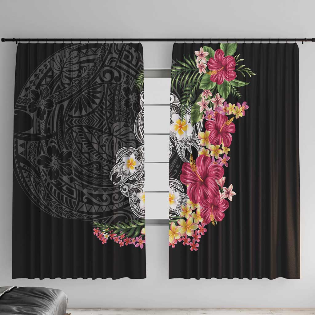Hawaiian Tropical Flowers and Tribal Turtles Window Curtain Polynesian Art Motifs Black Color LT03 With Hooks Black - Polynesian Pride