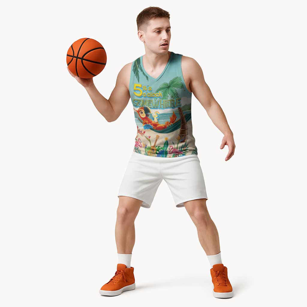 Aloha Hawaii It's 5 o'clock Somewhere Basketball Jersey Chill Parrot on Beach with Tropical Plants LT03 - Polynesian Pride