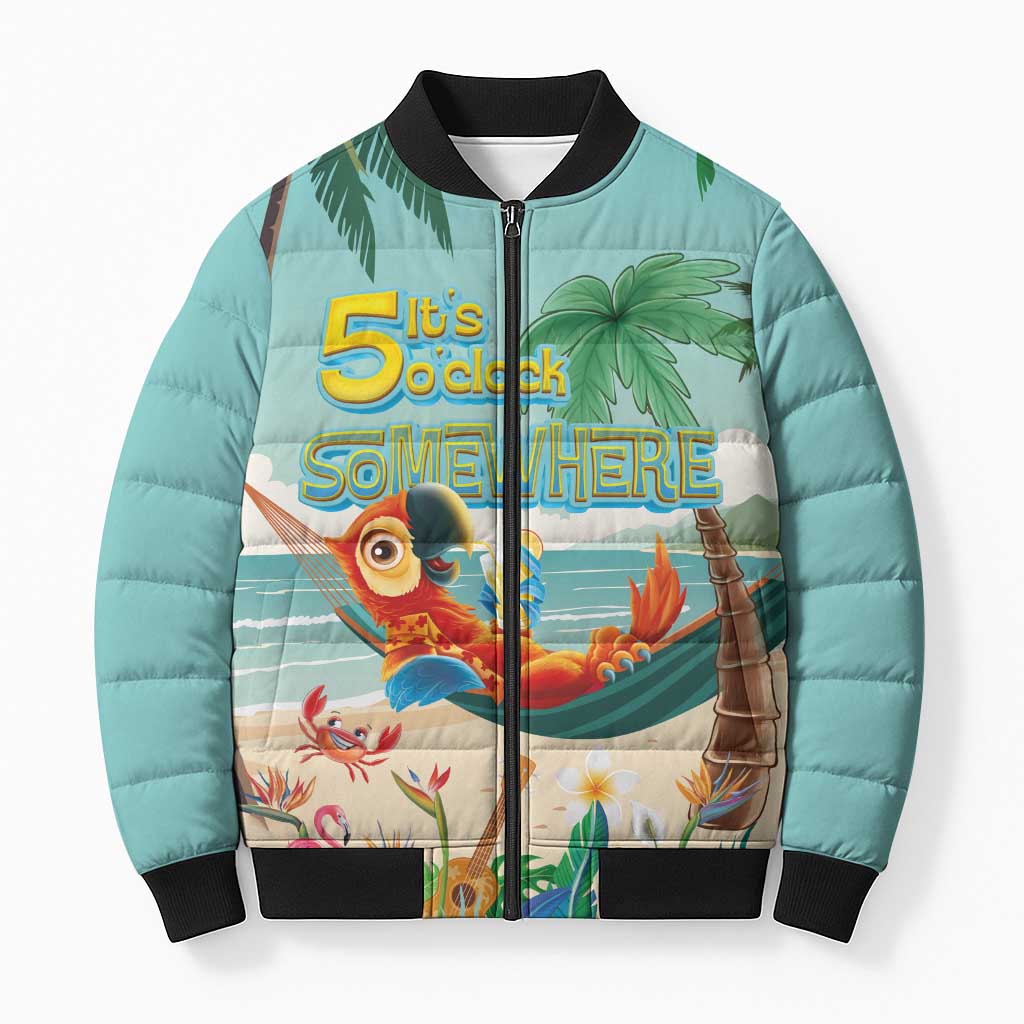 Aloha Hawaii It's 5 o'clock Somewhere Bomber Puffer Jacket Chill Parrot on Beach with Tropical Plants LT03 Unisex Multicolor - Polynesian Pride