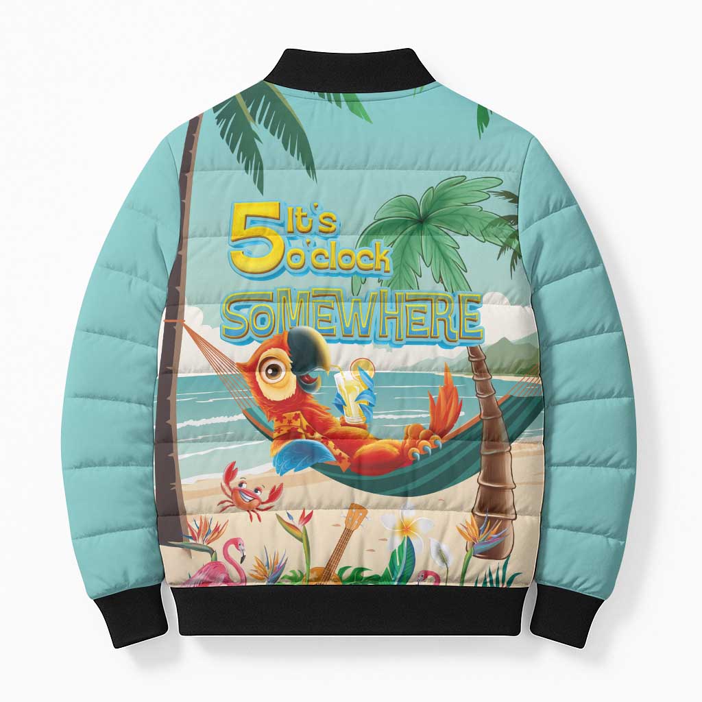Aloha Hawaii It's 5 o'clock Somewhere Bomber Puffer Jacket Chill Parrot on Beach with Tropical Plants LT03 - Polynesian Pride