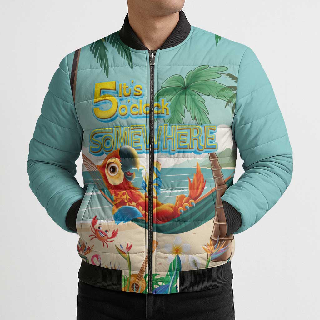 Aloha Hawaii It's 5 o'clock Somewhere Bomber Puffer Jacket Chill Parrot on Beach with Tropical Plants LT03 - Polynesian Pride