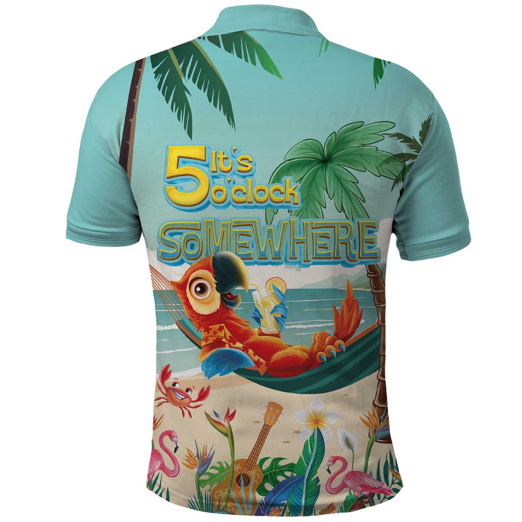 Aloha Hawaii It's 5 o'clock Somewhere Polo Shirt Chill Parrot on Beach with Tropical Plants LT03 - Polynesian Pride