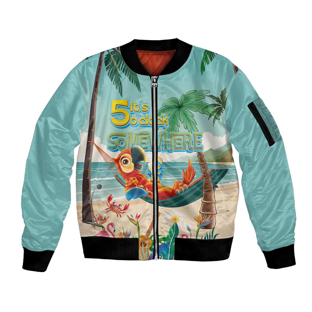 Aloha Hawaii It's 5 o'clock Somewhere Sleeve Zip Bomber Jacket Chill Parrot on Beach with Tropical Plants LT03 Unisex Multicolor - Polynesian Pride