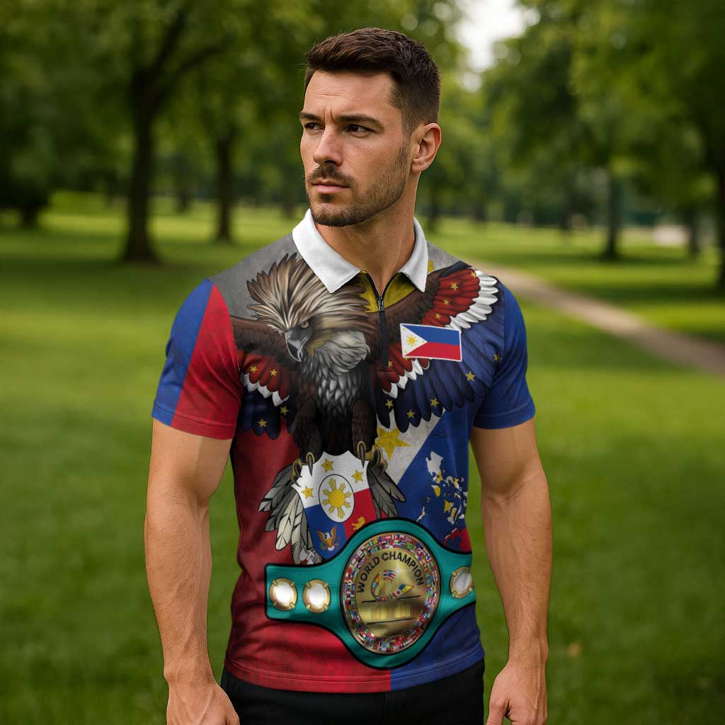Custom Philippines World Champion Boxing Zipper Polo Shirt Eagle-Grunge Design LT03 - Polynesian Pride