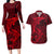 Polynesian Dolphin Valentine Day Couples Matching Long Sleeve Bodycon Dress and Hawaiian Shirt Hibiscus and Tribal Tattoo Red Style LT03 Red - Polynesian Pride