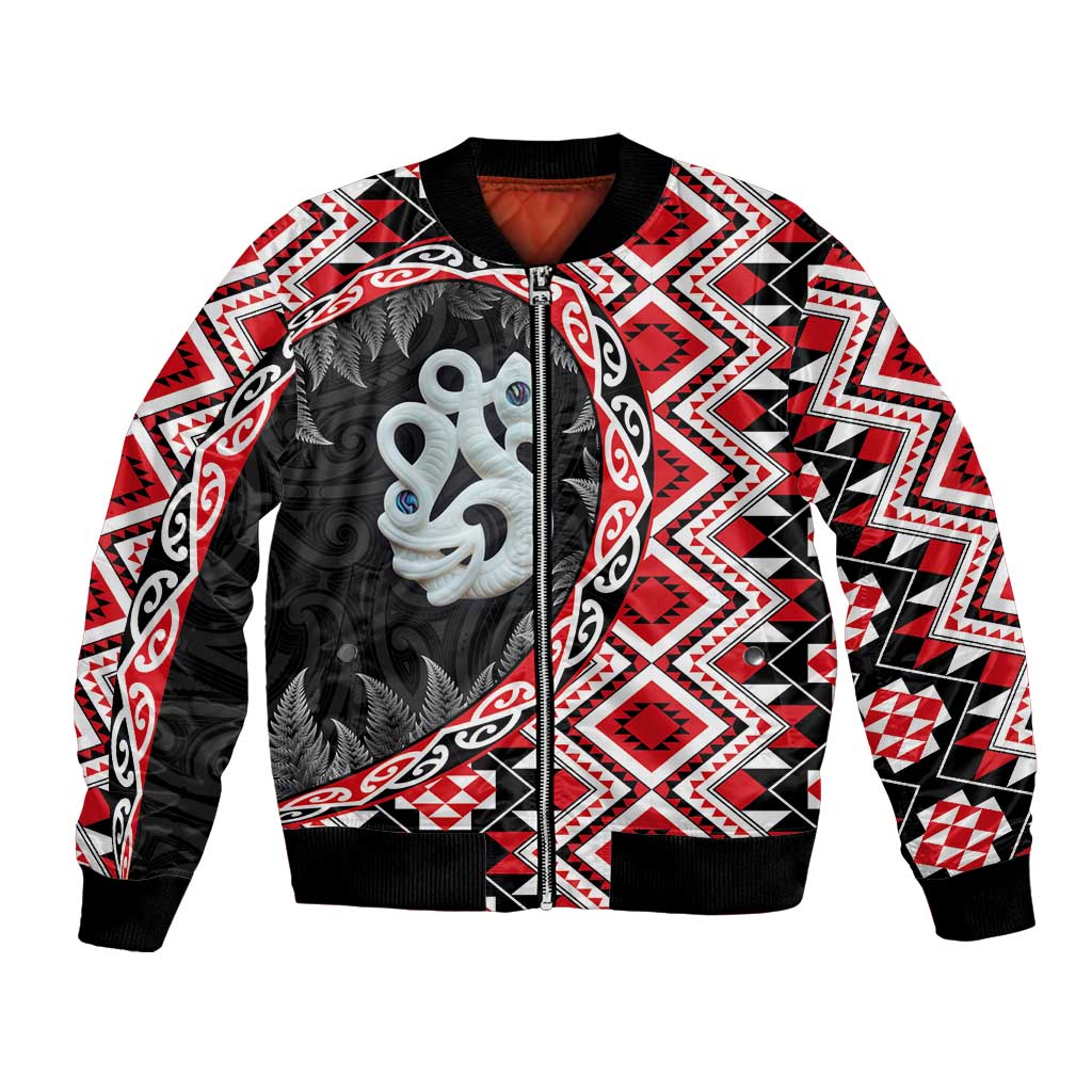 Red Taniko Motif Aotearoa Manaia and Silver Fern Bomber Jacket LT03 Unisex Red - Polynesian Pride